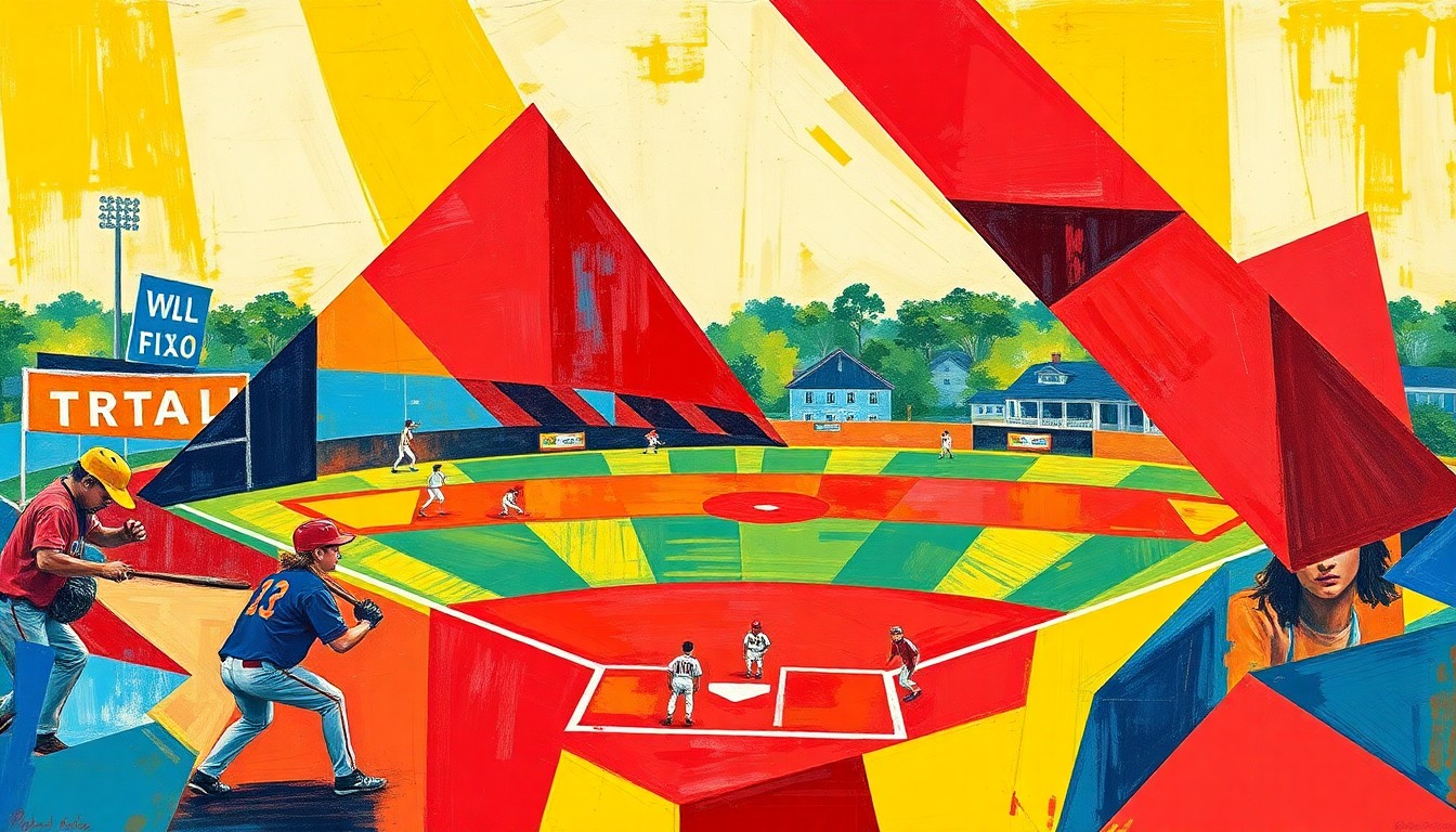 A cubist, geometric painting depicting a high school softball game, with players and the field broken down into sharp, overlapping planes of vibrant colors.