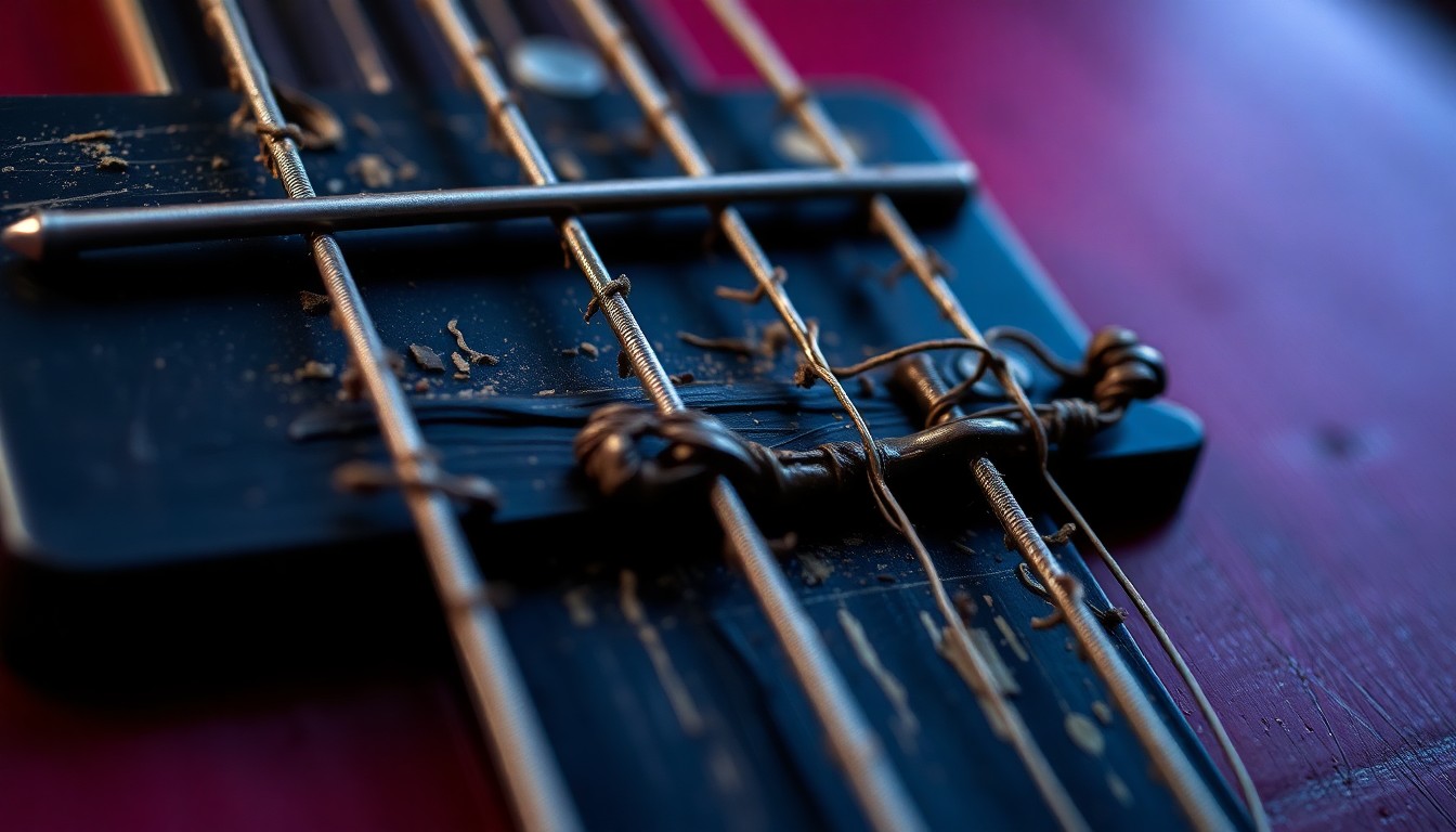 An extreme close-up photograph of weathered, textured guitar strings in dramatic high-contrast lighting, conceptually representing the resilience of a musician living with Parkinson's disease.
