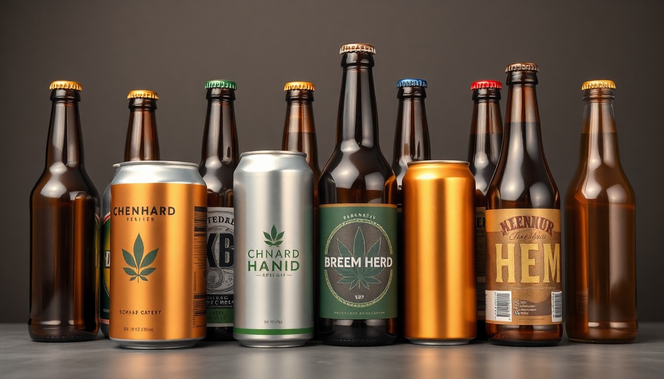 A high-end studio still life photograph featuring a collection of premium, polished metal beer cans and bottles in muted earth tones, conceptually representing the financial impact of the Ohio hemp product ban on local breweries.
