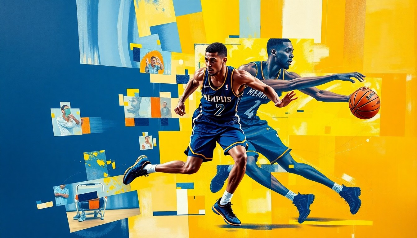 A cubist, geometric painting depicting a basketball player's movements broken down into sharp, overlapping planes of navy blue, light blue, and gold, representing the Memphis Grizzlies' team colors and the fractured state of the franchise as it moves on from star player Ja Morant.