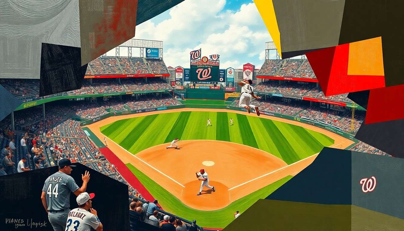 A fractured, multi-perspective painting in vibrant colors depicting the dynamic action of a baseball game between the Pittsburgh Pirates and Washington Nationals, with the players' movements and the field of play abstracted into a cubist composition.