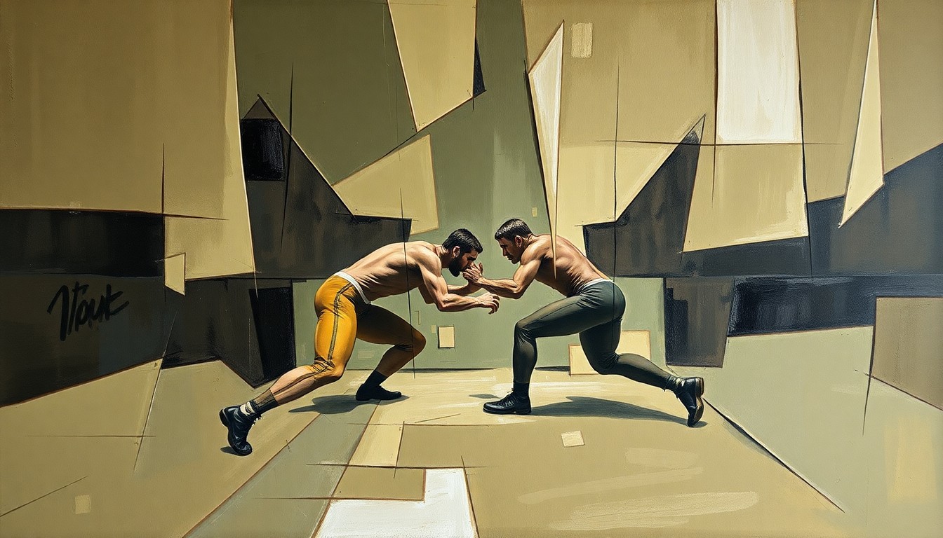 A fragmented, geometric painting depicting the dynamic movements and competition of a wrestling match, rendered in muted earth tones that convey the risks and uncertainties surrounding Crookham's transfer to Iowa.