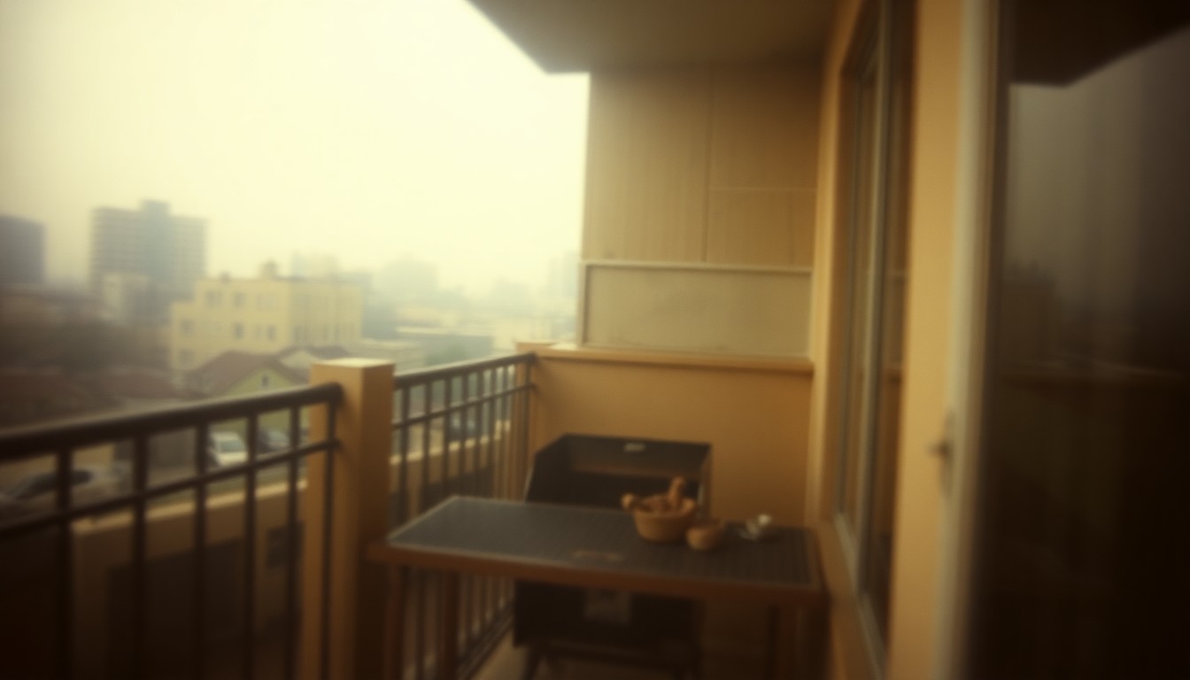 An abstract, out-of-focus scene of a small charcoal grill on a cramped urban balcony, conveying the mood and constraints of outdoor cooking in a high-density city environment.