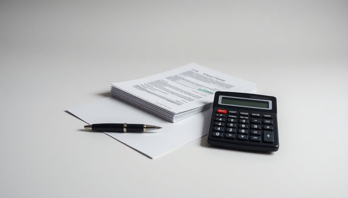 A photorealistic studio still life featuring a stack of legal documents, a pen, and a calculator arranged elegantly on a clean, monochromatic background, conceptually representing the strategic financial management of a law firm.