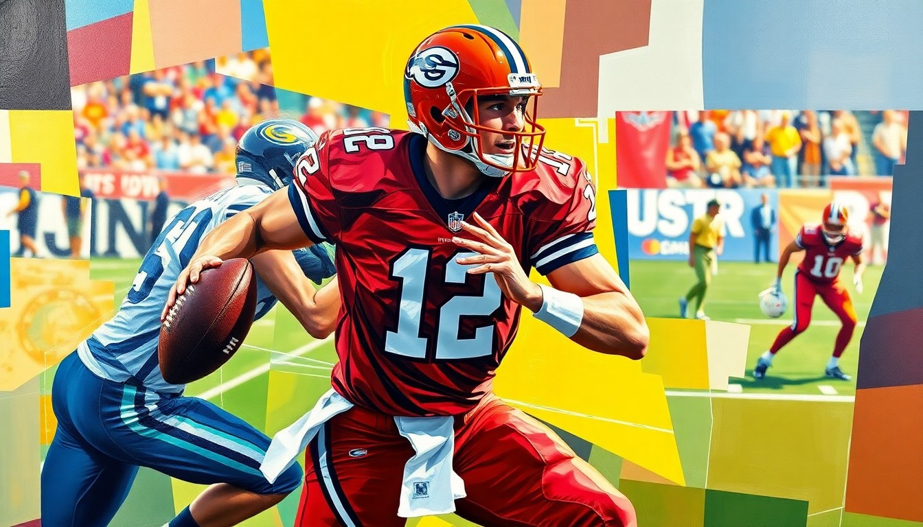 A cubist-style painting depicting a football quarterback in motion, broken down into sharp, overlapping geometric shapes and planes in vibrant team colors, conveying the complex and fragmented journey for top draft picks to find sustained success in the NFL.