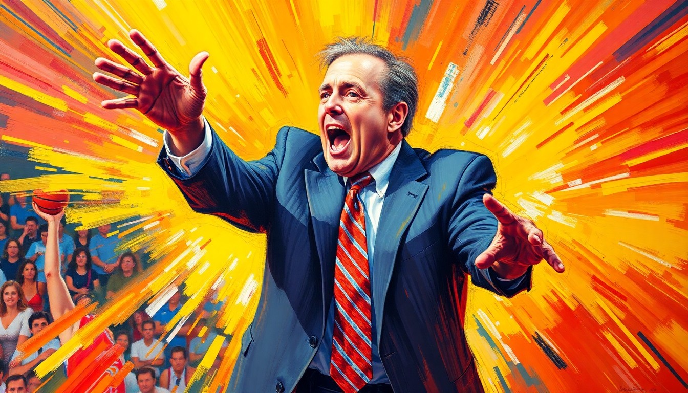 An abstract expressionist painting featuring a central figure of a man with a blurred, energetic appearance, surrounded by a swirling, neon-colored background, conceptually representing the passion and enthusiasm of legendary college basketball broadcaster Dick Vitale.