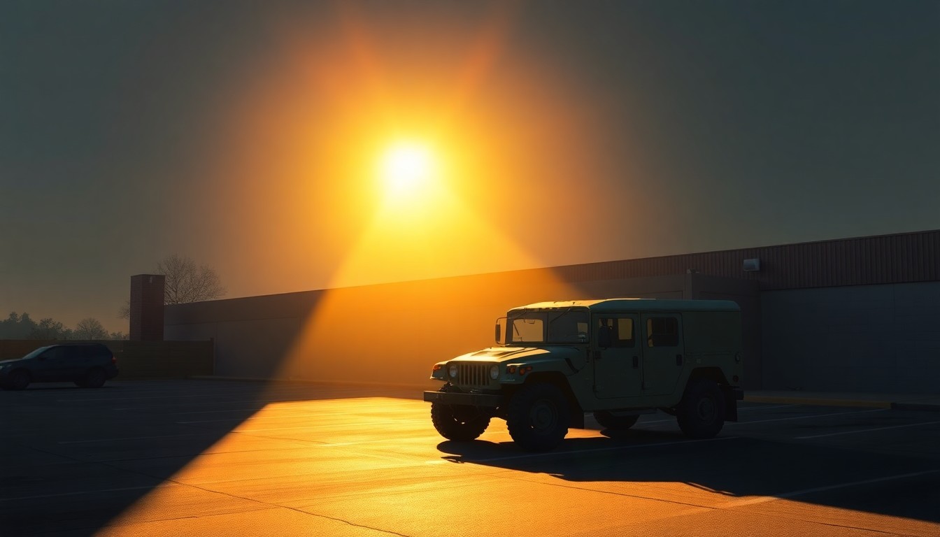 A serene painting of a military vehicle parked in a sunlit, shadowy National Guard armory parking lot, capturing the quiet preparedness of the facility.