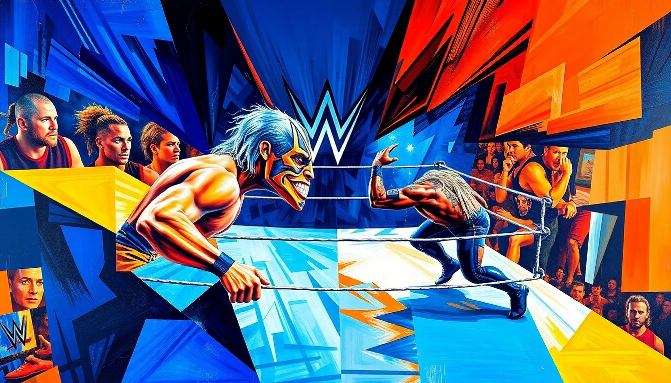 A fragmented, geometric painting depicting the explosive action of a professional wrestling match, with wrestlers' limbs and bodies broken down into sharp, overlapping planes of vivid color.