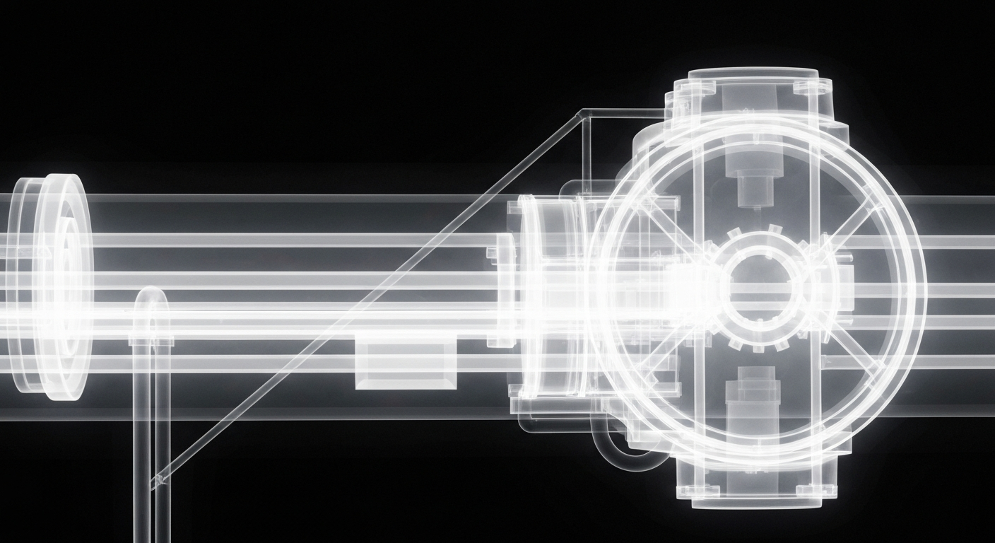 A translucent, ghostly X-ray image showing the intricate internal structure of a water treatment component, conceptually representing the disruption to Baltimore's water fluoridation system.