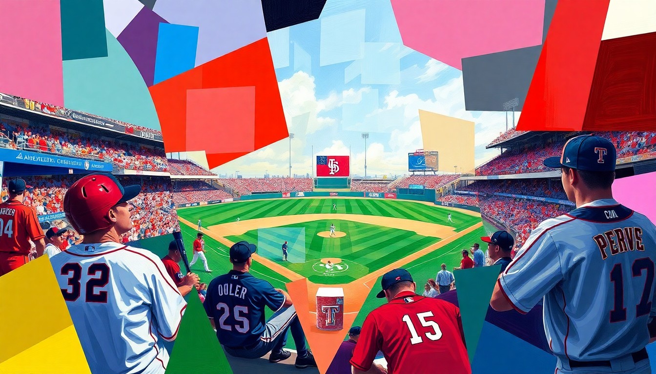 A fractured, multi-perspective painting featuring overlapping geometric shapes and planes in the colors of the Texas Tech Red Raiders and Abilene Christian Wildcats, conceptually representing the dynamic action of a college baseball game.