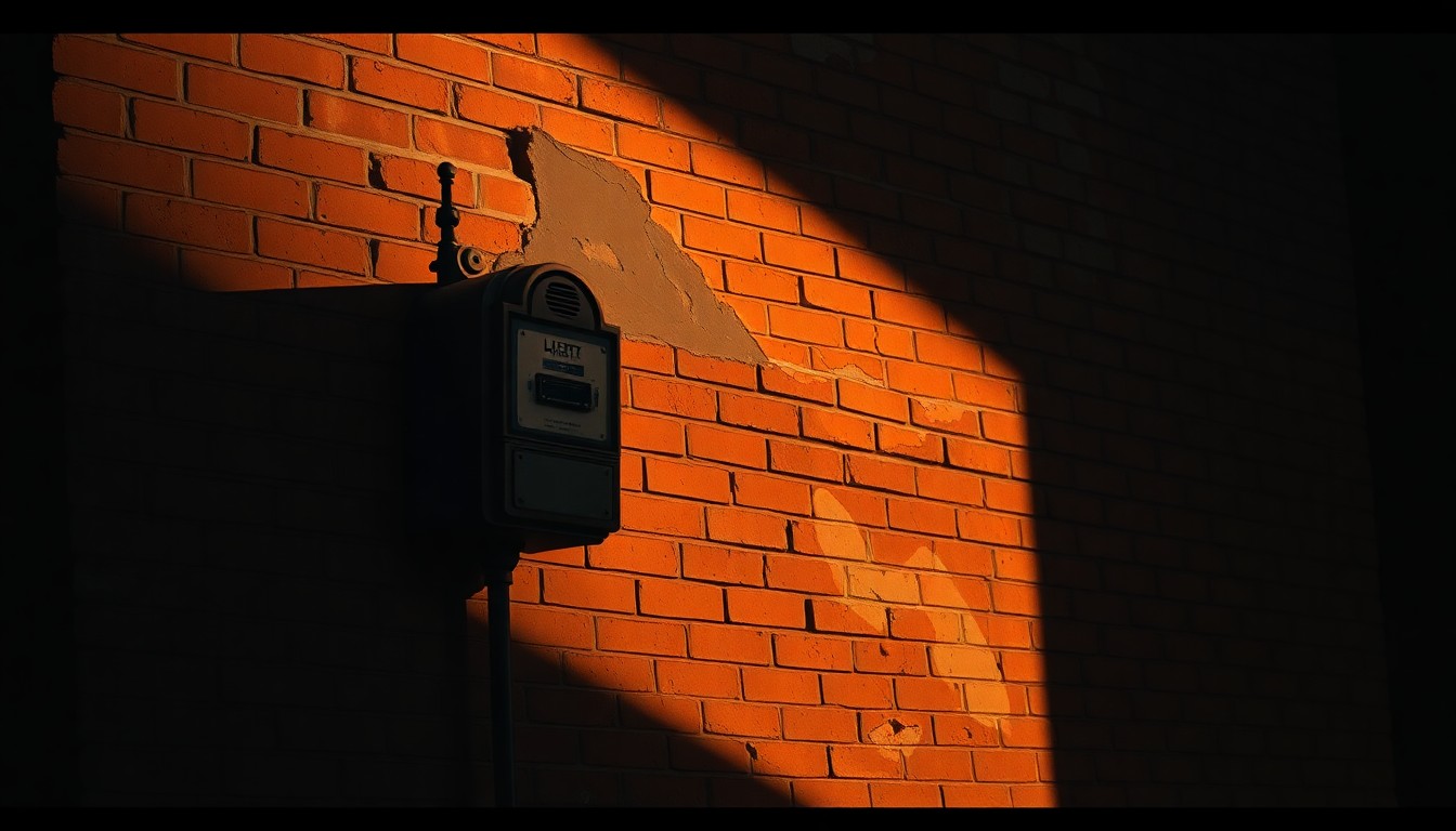 A moody, painterly close-up of an old electric meter mounted on a brick wall, the meter's glass face reflecting a warm, golden glow from the sunlight, conceptually representing the need for more clarity on utility bill charges.