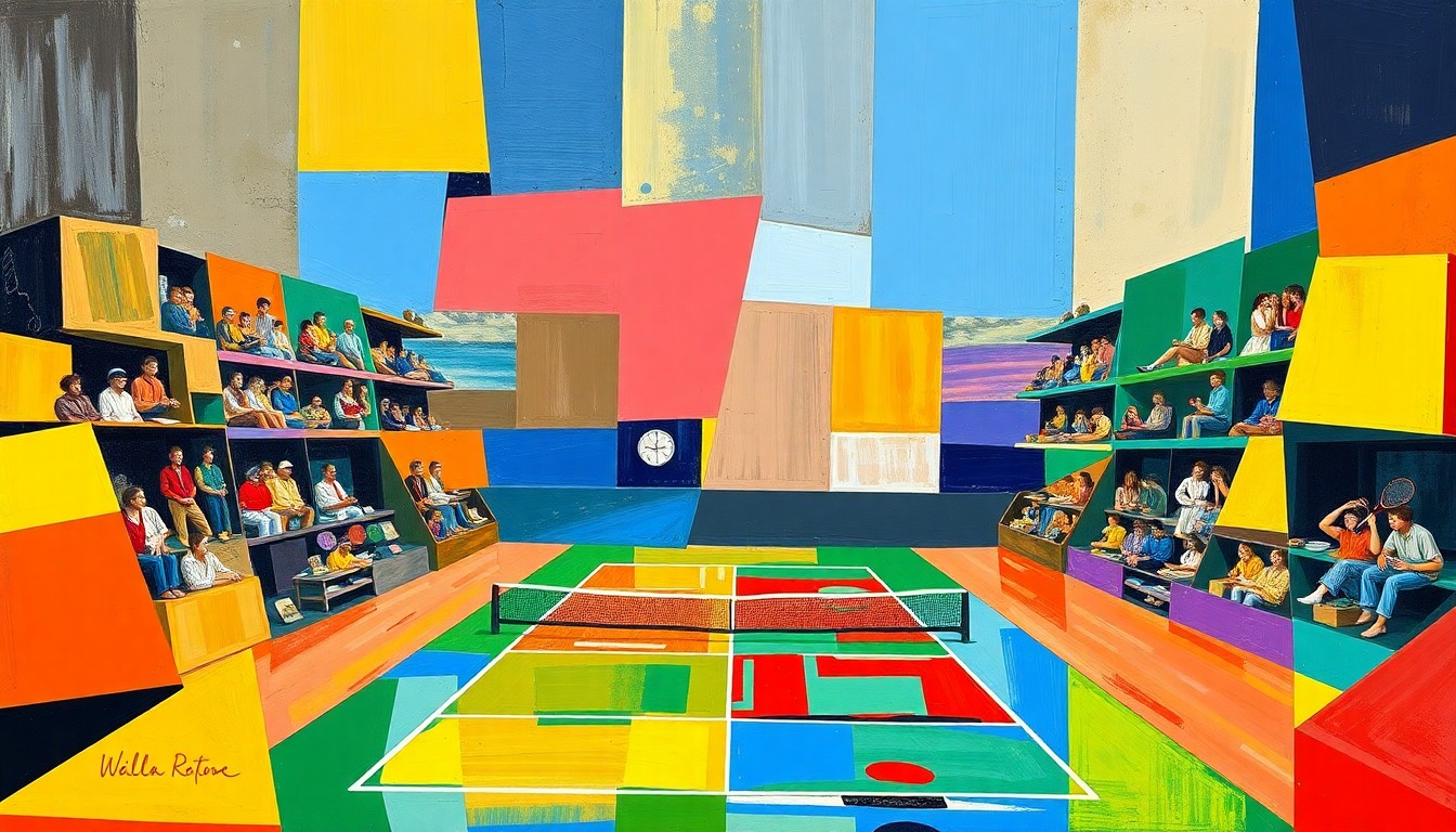 A cubist, geometric painting depicting a tennis match broken down into overlapping planes of bright blue, red, and yellow, conveying the dynamic energy of the sport.