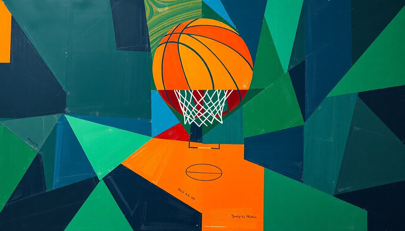 A fragmented, geometric painting depicting a basketball game or match, with sharp planes of navy blue, forest green, and bright orange colliding in an abstract, deconstructed style.