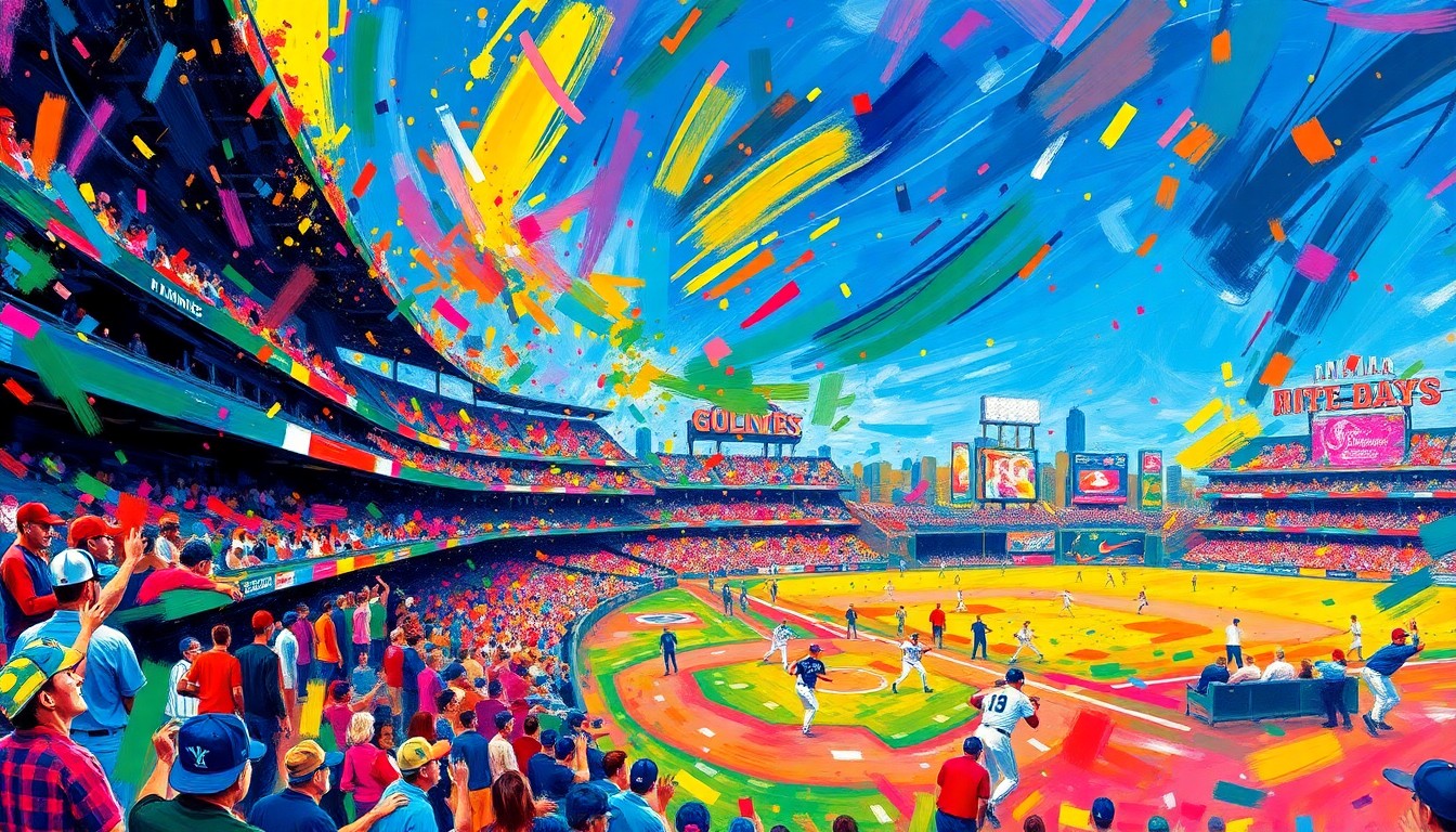 An abstract expressionist painting in vibrant neon colors, capturing the energy and excitement of a Mariners baseball game with the stadium and players' movements blending into a dynamic, colorful scene.