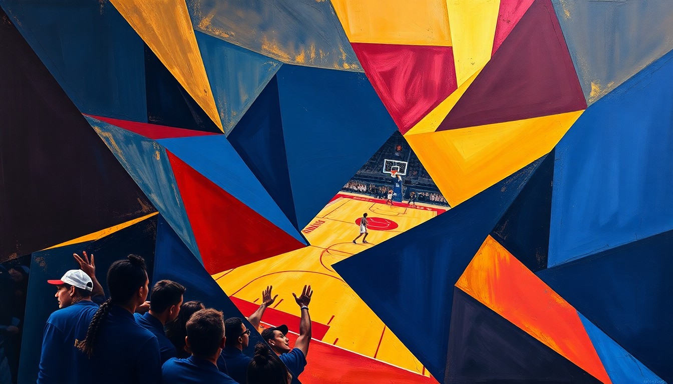 A cubist, geometric painting depicting the motion and energy of a WNBA basketball game, with overlapping planes of navy, crimson, and gold conveying the dynamic action on the court.
