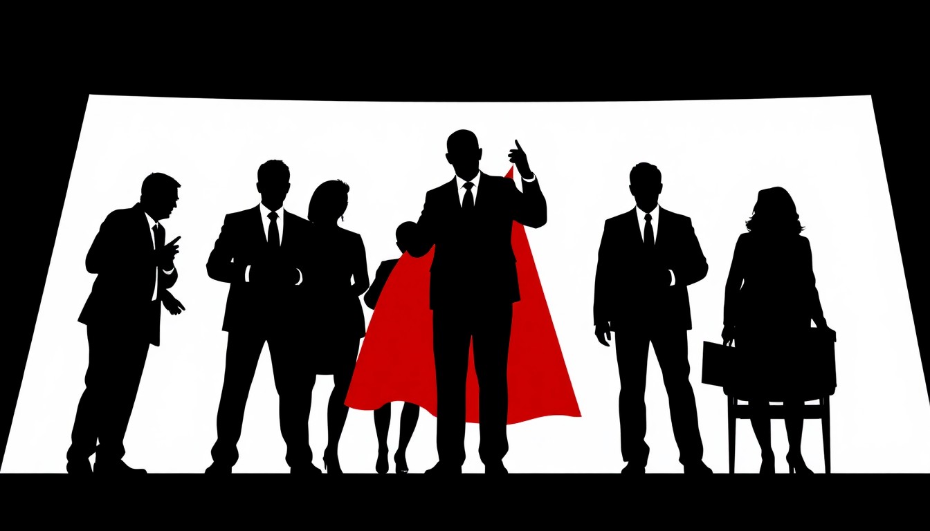 An abstract, minimalist illustration featuring bold black silhouettes and high-contrast solid colors like red and white, conceptually representing a news anchor being recognized and celebrated.