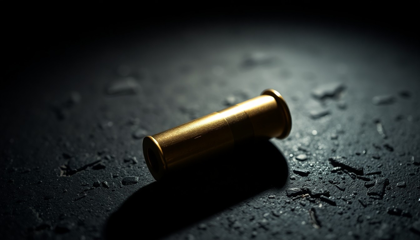 An extreme close-up of a single spent shell casing on a dark, textured surface, dramatically lit by a harsh camera flash, conceptually representing the physical evidence of a violent crime.