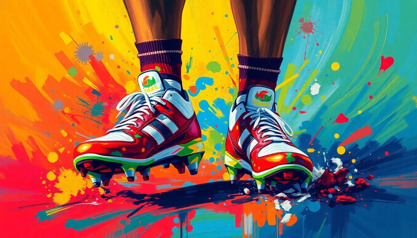 An extreme close-up of a pair of baseball cleats, the vibrant colors and rapid brushstrokes capturing the raw energy and emotion of the player's tribute to his late parents.