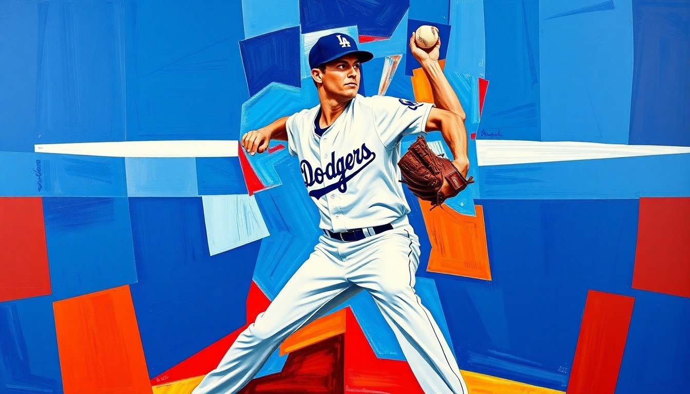 A fractured, cubist-style painting depicting the delivery of a Dodgers pitcher, with sharp geometric planes in Dodger blue, white, and red colors representing the team's ongoing pitching challenges.