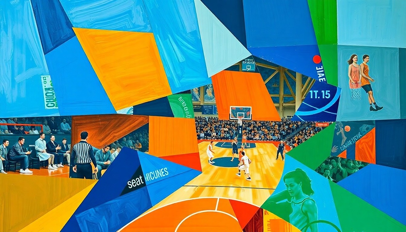 A fragmented, geometric painting depicting the action and intensity of a basketball game, with sharp planes of blue, orange, and green overlapping to create a dynamic, abstract composition.