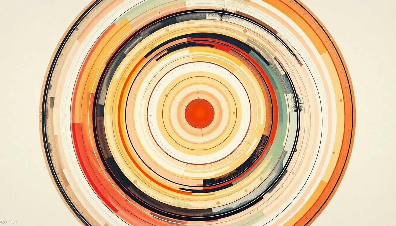 A highly structured abstract painting in soft blues, greens, and grays, featuring sweeping geometric arcs, concentric circles, and precise botanical spirals, conceptually representing the complex chemical structure and electrochemical interactions of the nanocomposite sensor material developed by researchers at Oregon State University.