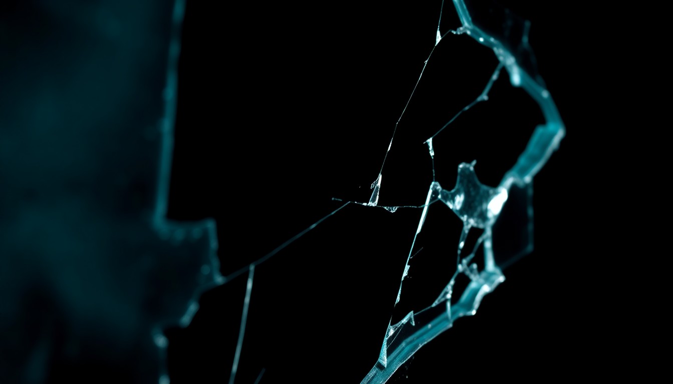 An extreme close-up photograph of a broken window pane, the jagged glass edges lit by a harsh, direct camera flash against a pitch-black background, conceptually illustrating the dangers of home safety issues.