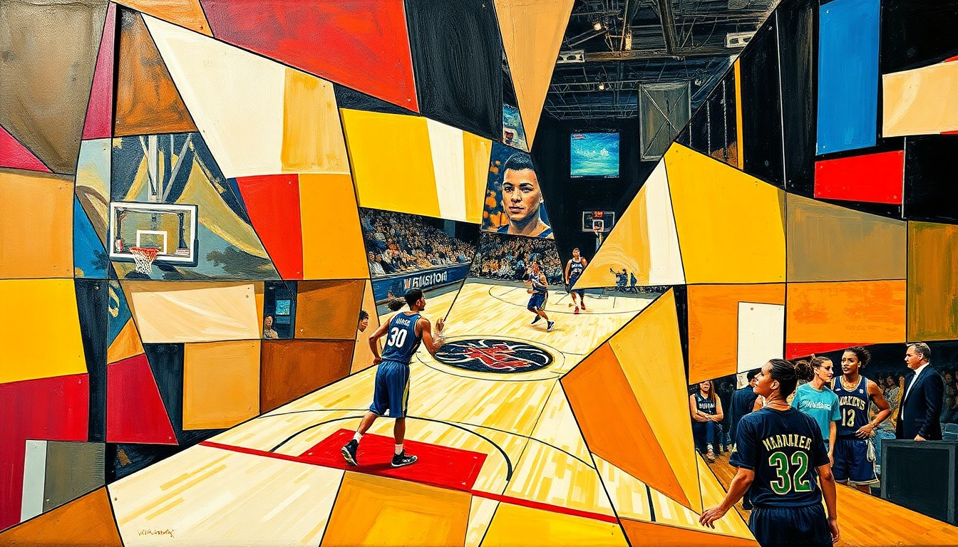 A fractured, multi-perspective painting depicting the dynamic movements and physical play of a basketball game, with the players' forms broken down into sharp, overlapping geometric shapes in a cubist style.