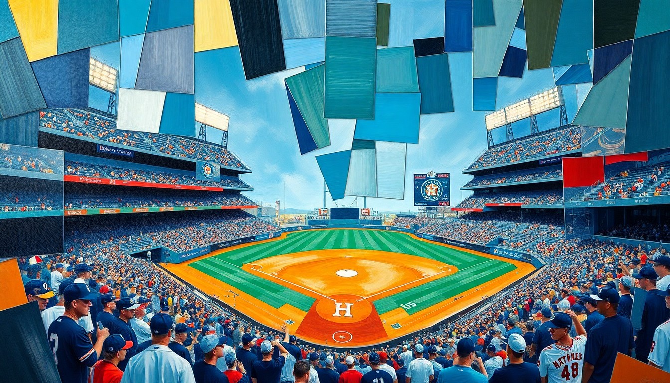 A cubist, geometric painting depicting a baseball game between the Seattle Mariners and Houston Astros, with the players and field broken down into sharp, overlapping planes of color and shape, conveying the dynamic shift in power between the two teams.