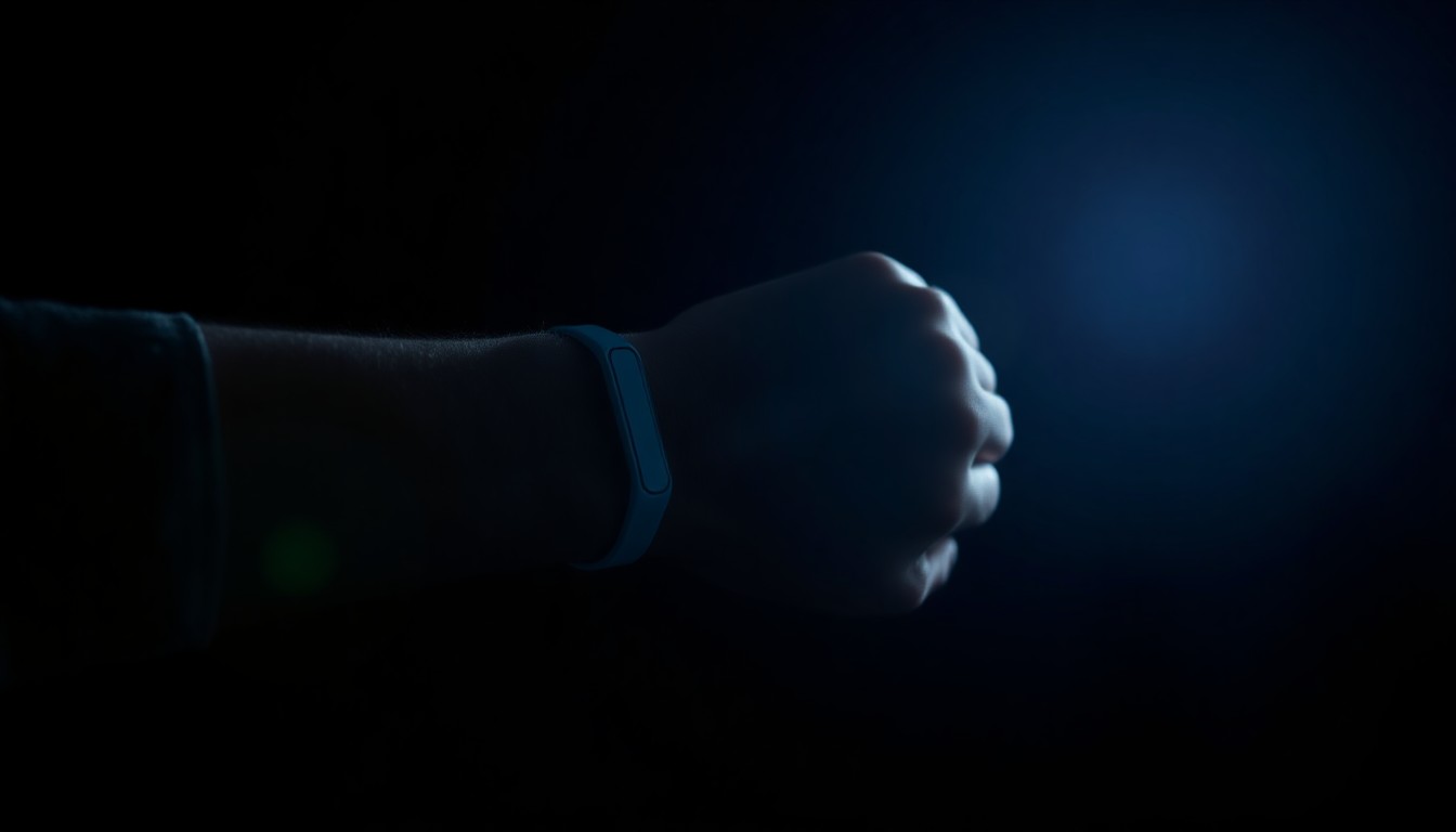 An extreme close-up of a hospital wristband, the harsh flash creating a stark, gritty, investigative aesthetic that conceptually represents the urgency of the search for a missing person with health concerns.