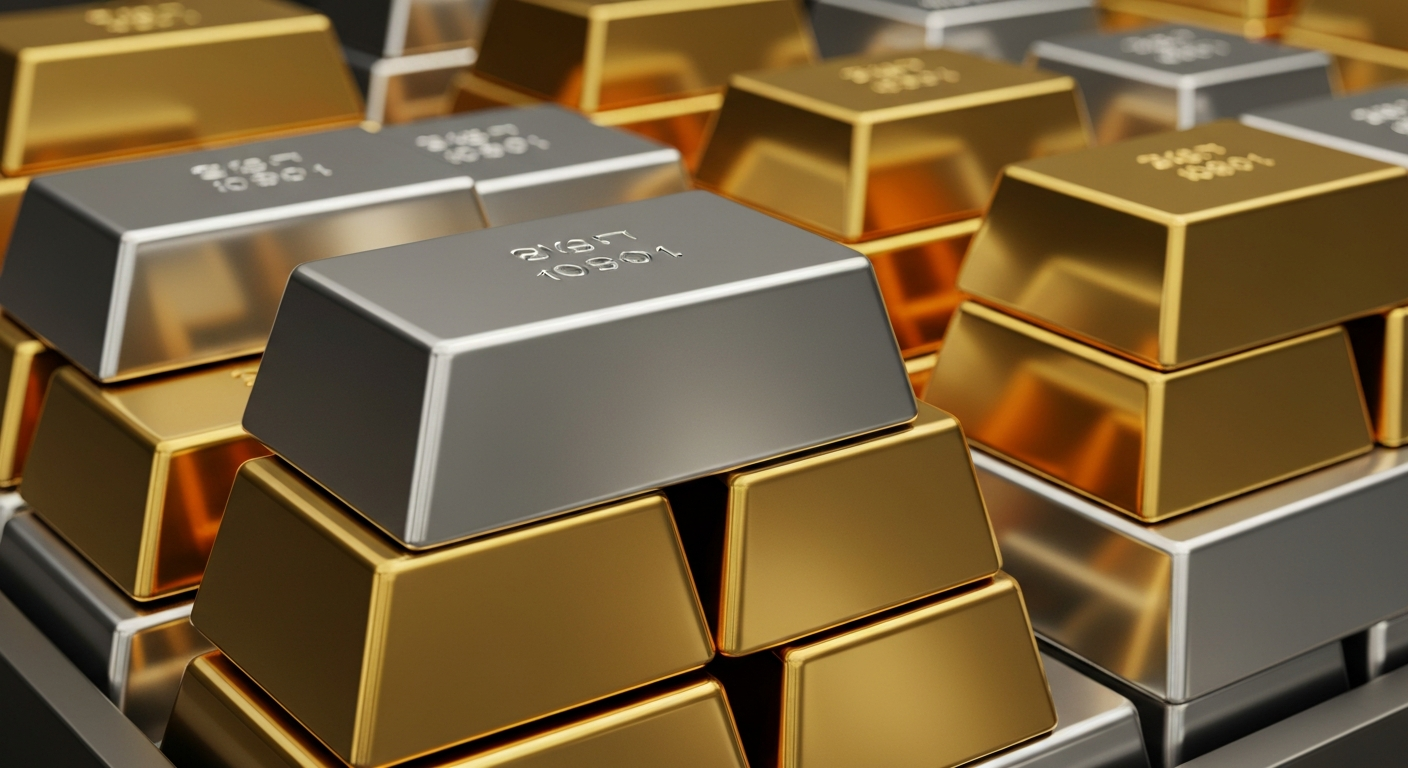 An extreme close-up of stacked, gleaming gold and silver bullion bars in a secure bank vault, conceptually representing the physical weight and value of precious metals as a financial asset.