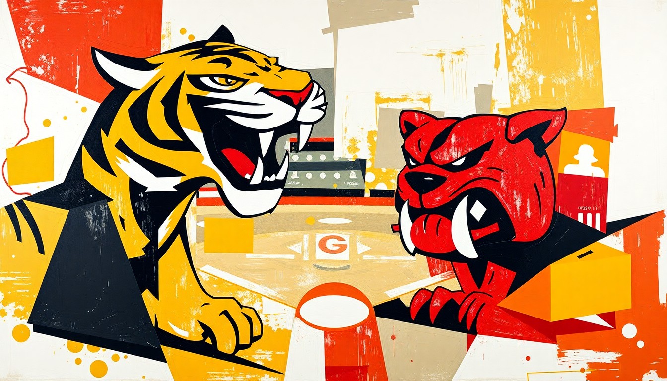 A fractured, multi-angled painting depicting a softball game, with sharp geometric shapes and planes in the team colors of Missouri and Georgia, conveying the dynamic action and strategic nature of the sport.