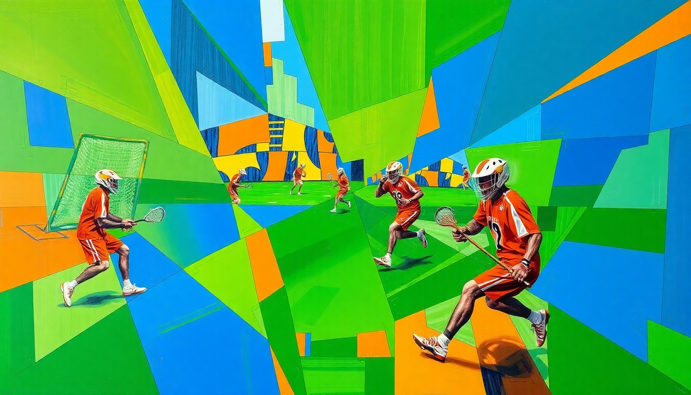 A dynamic, fragmented painting in bold colors depicting the chaotic movement and energy of a lacrosse game, with players and the ball rendered as abstract geometric shapes.