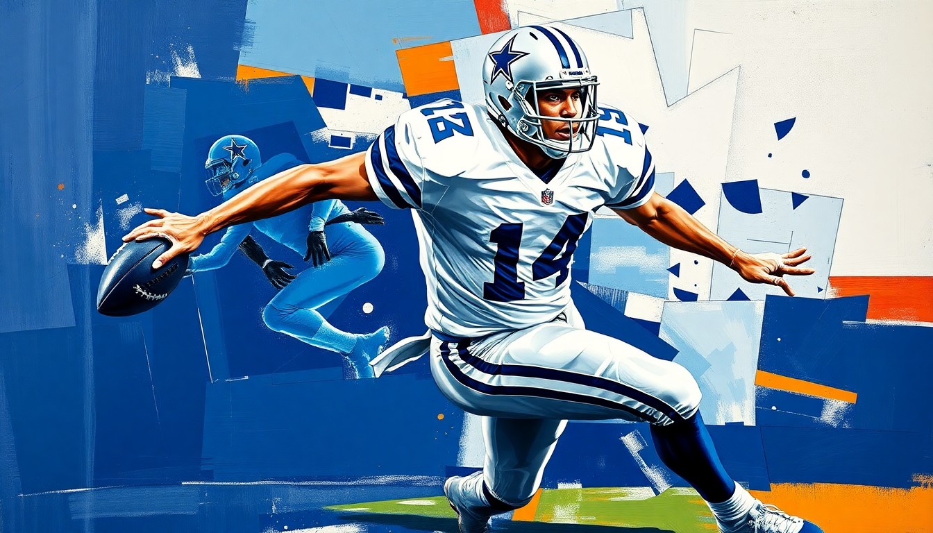A fragmented, geometric painting depicting a football player in motion, with sharp planes of navy blue, silver, and white representing the Dallas Cowboys' colors.