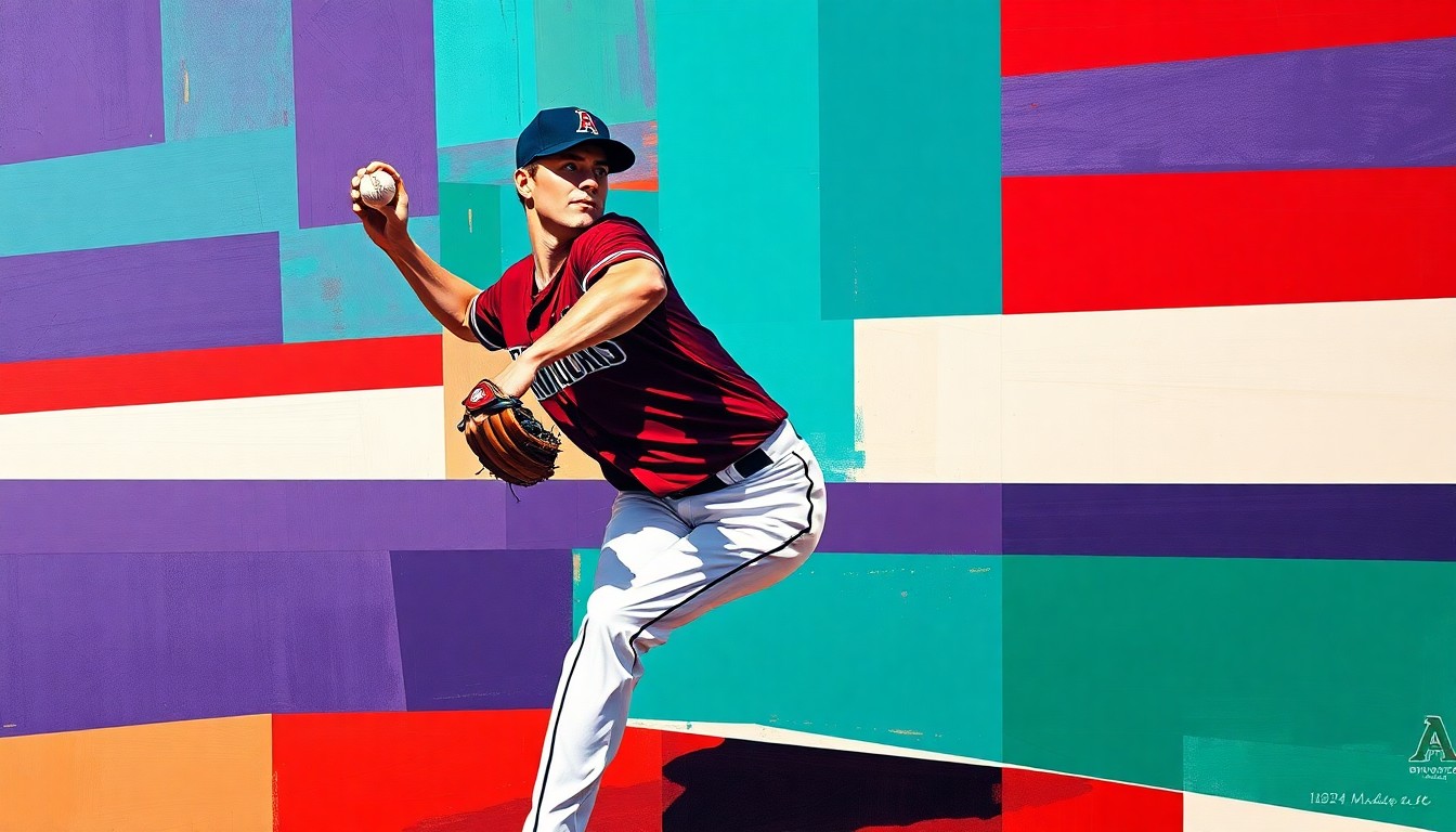 A cubist, geometric painting depicting a baseball pitcher's windup and delivery, with sharp, overlapping planes of red, teal, and purple, conceptually representing the complex decision-making process behind the Diamondbacks' rotation changes.