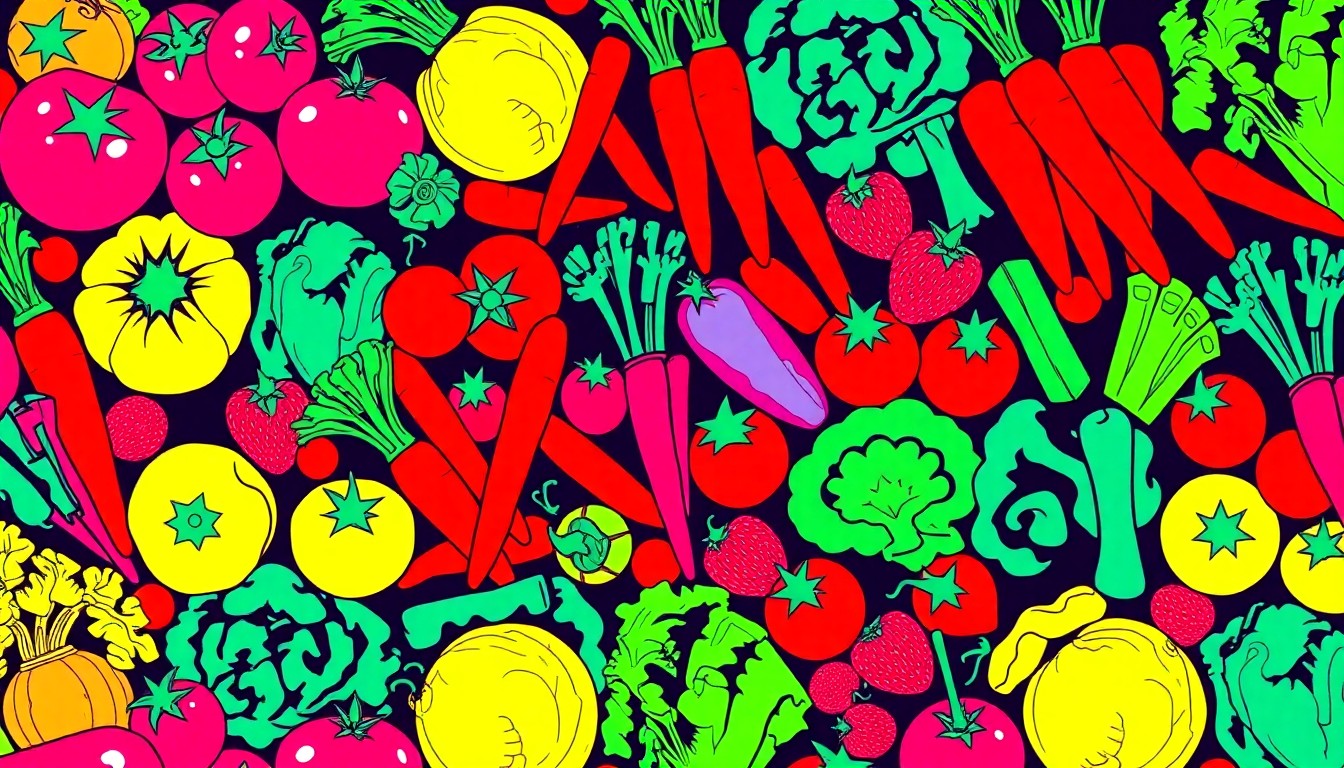 A high-contrast, silkscreen-style illustration featuring a repeating grid pattern of various colorful fruits and vegetables, conceptually representing the produce grown in the South Fulton Elementary School's student vegetable garden.