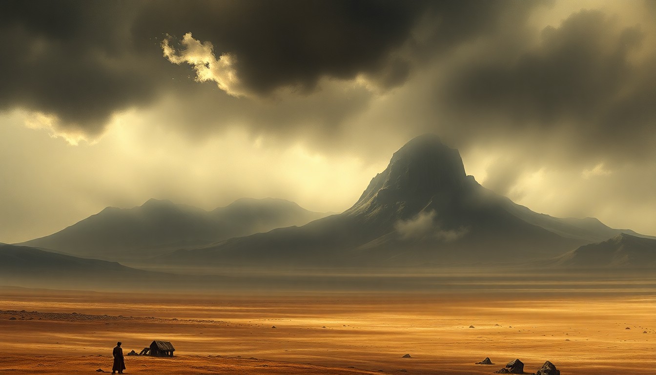 A sweeping, atmospheric landscape painting in muted earth tones, featuring a towering mountain range shrouded in mist and a barren, windswept desert scene, conveying the sublime, destructive force of a powerful earthquake.