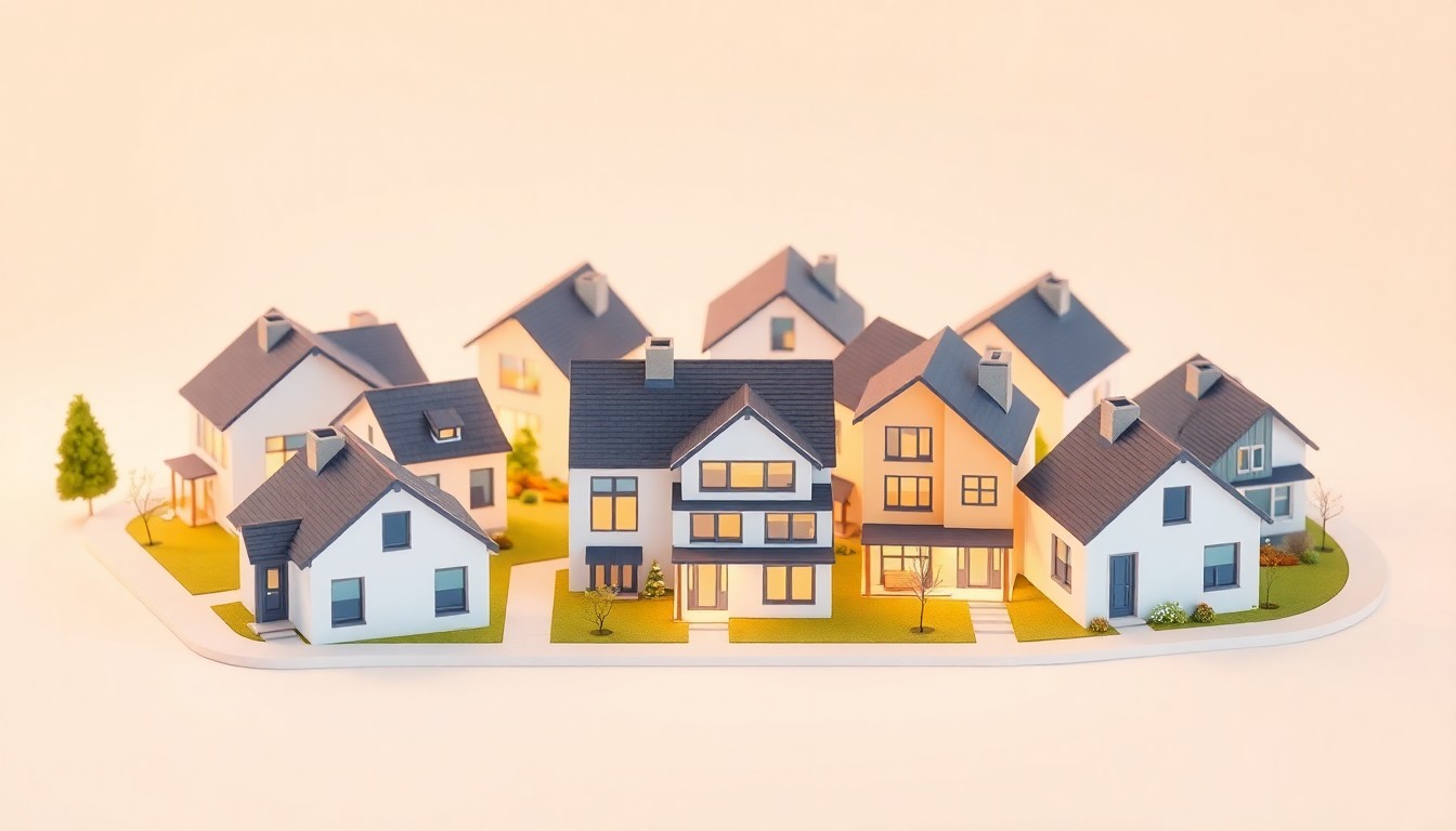 A colorful, minimalist 3D illustration depicting a cluster of modern, single-family homes with clean lines and soft lighting, representing the new Waters Farm community in Woodruff, South Carolina.