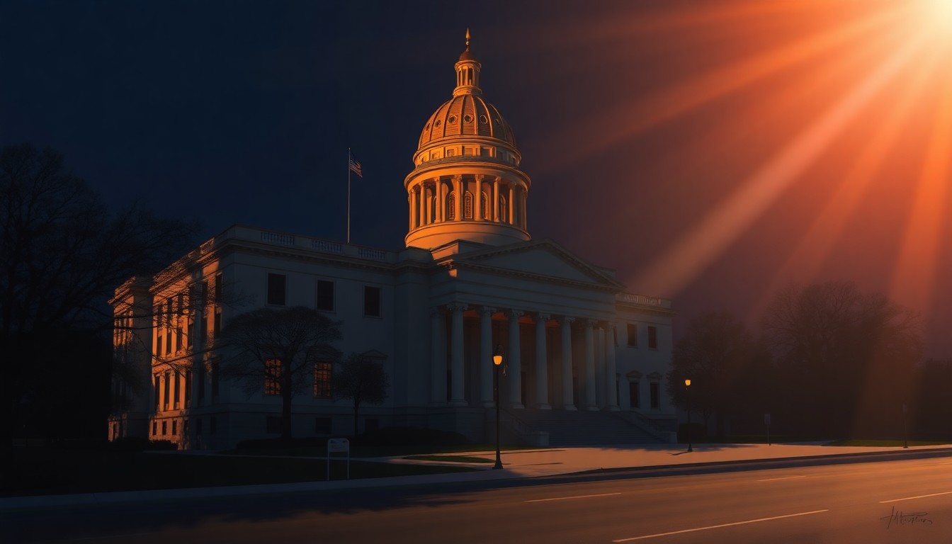 A serene, photorealistic painting of the Louisiana State Capitol building, its grand neoclassical architecture rendered in warm, muted tones and dramatic shadows, conveying a sense of quiet contemplation around the state's financial future.