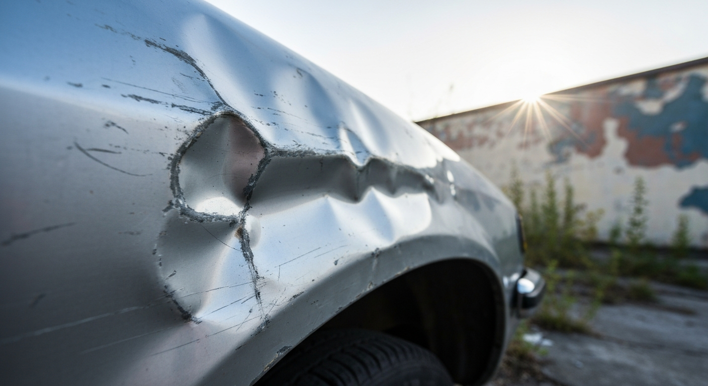 An extreme close-up photograph of a crumpled car fender in muted shades of gray and blue, conveying the physical damage and frustration of the situation.