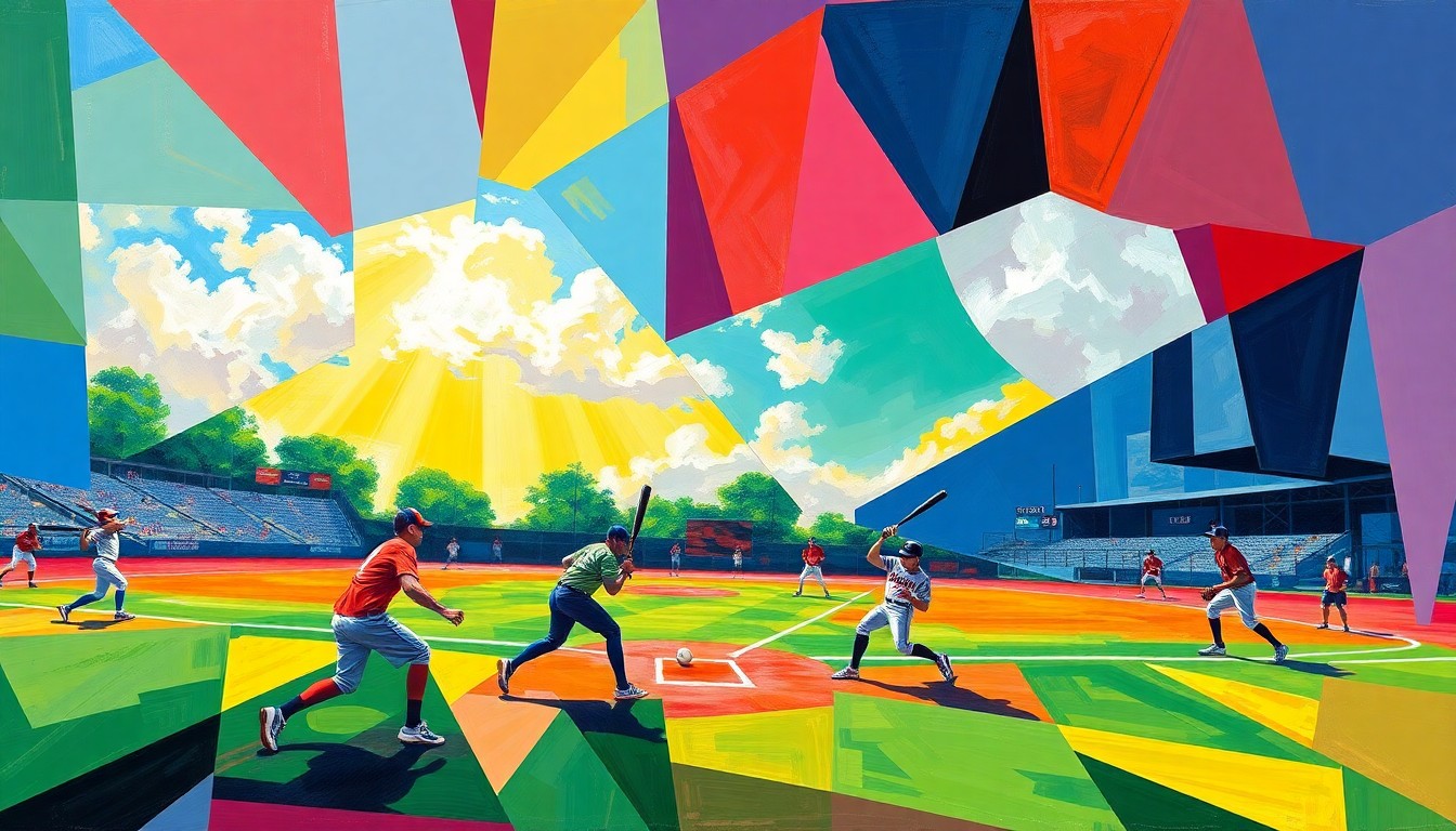 A cubist, geometric painting depicting a softball game, with overlapping planes of bright colors representing the players, field, and ball in motion.