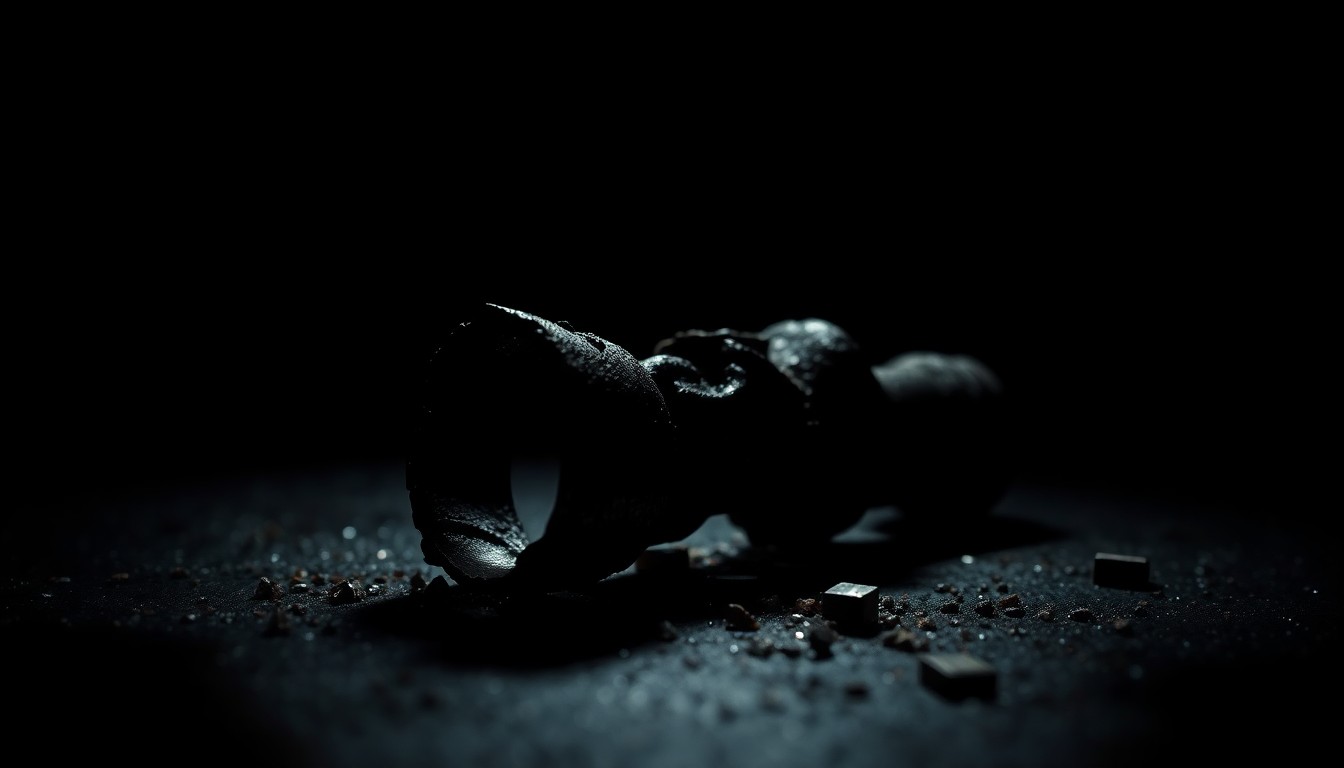 An extreme close-up of a charred, twisted metal object from a fire scene, conveying a stark, gritty investigative aesthetic through dramatic lighting and shallow depth of field.