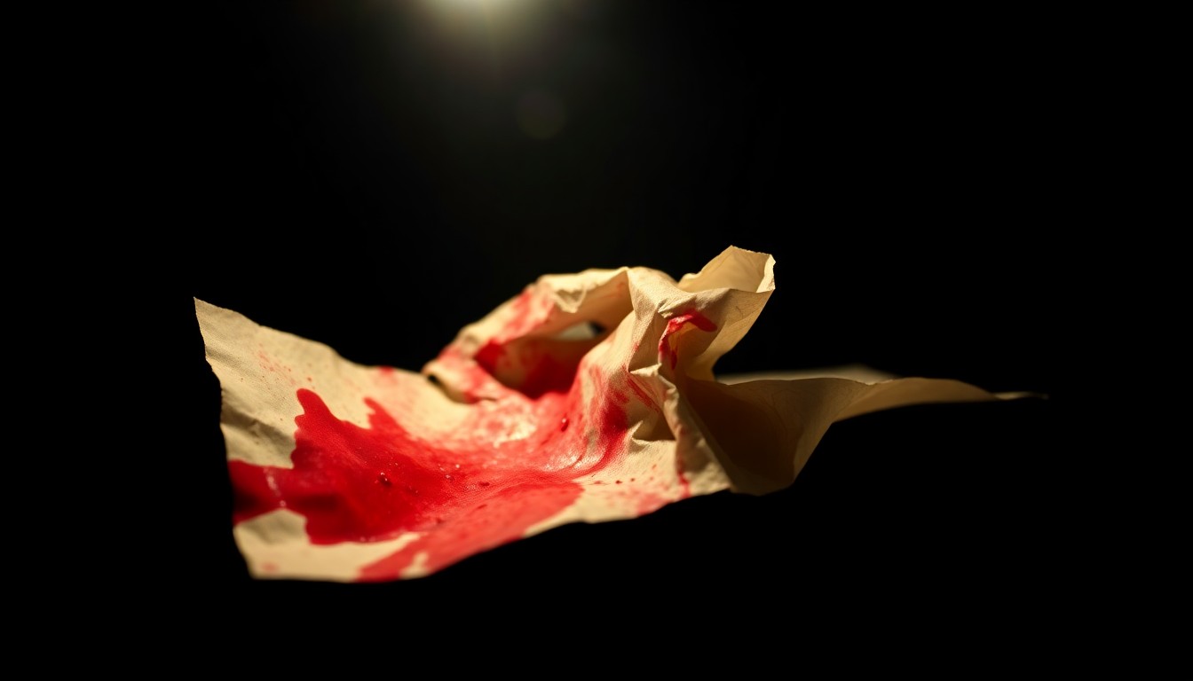 An extreme close-up photograph of a crumpled, blood-stained piece of paper or fabric, lit by a harsh, direct camera flash against a pitch-black background, conveying the gritty, investigative nature of this tragic crime.