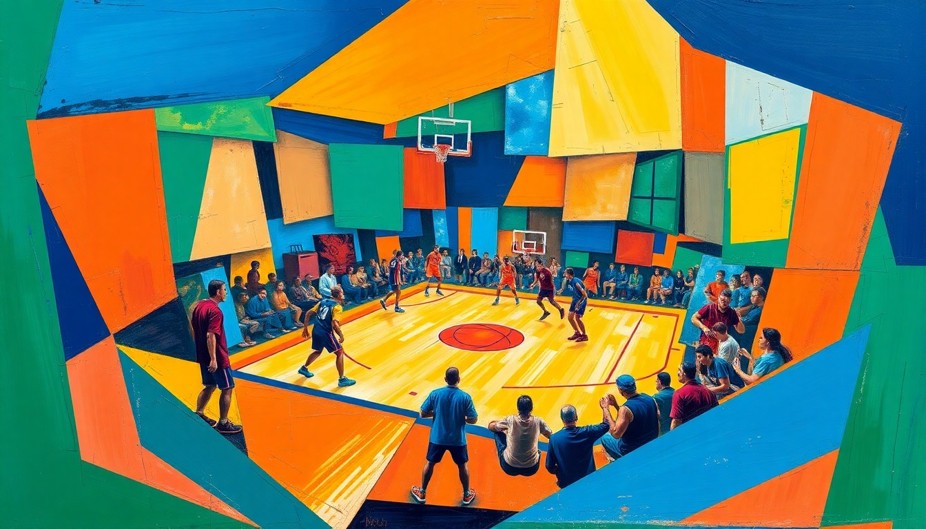 A cubist, geometric painting depicting a basketball coaching scene, with sharp, overlapping planes of color representing the strategic and tactical decisions involved in leading an NBA team.