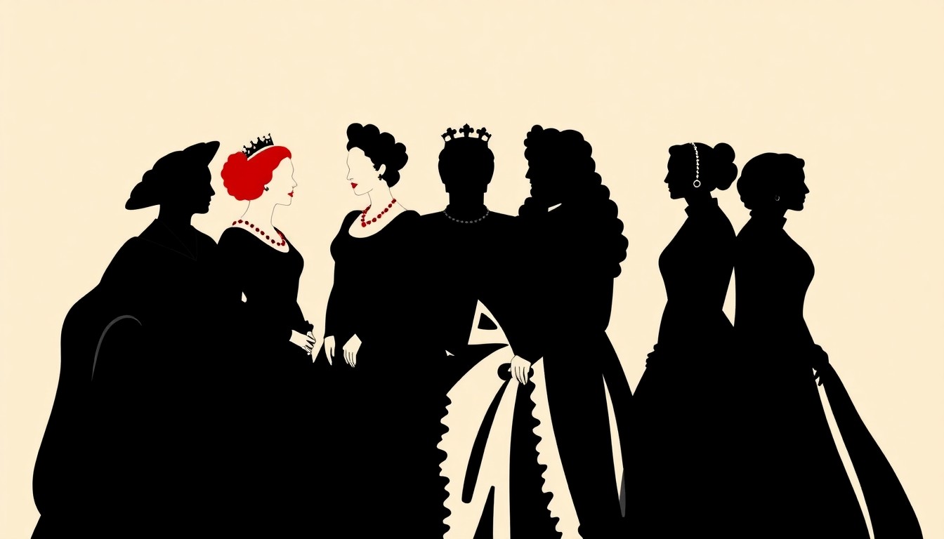 An abstract, minimalist illustration featuring stark black silhouettes of six figures against a bold red and white background, conceptually representing the six wives of Henry VIII.