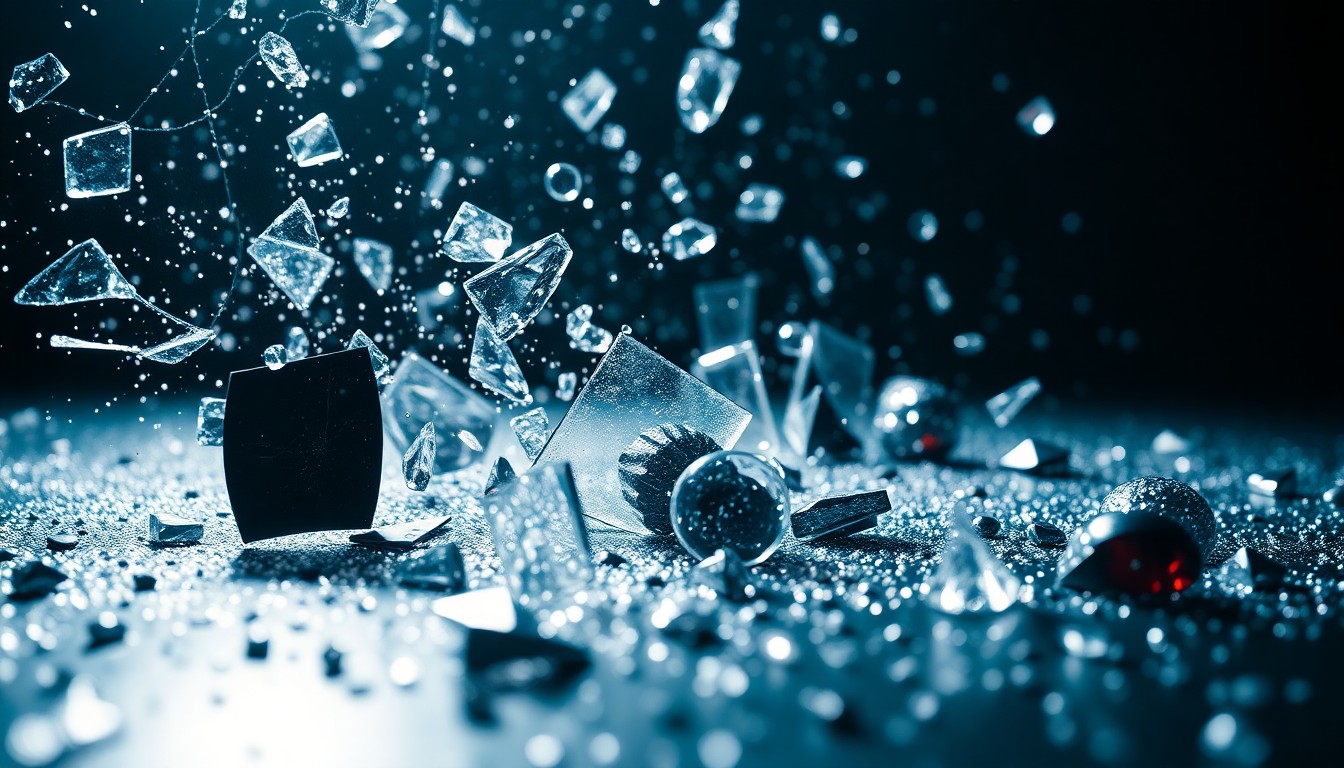 An abstract close-up photograph featuring shattered glass and glittering sequins in dramatic high-contrast lighting, conceptually representing the complex issues of power, misconduct, and accountability in the entertainment industry.