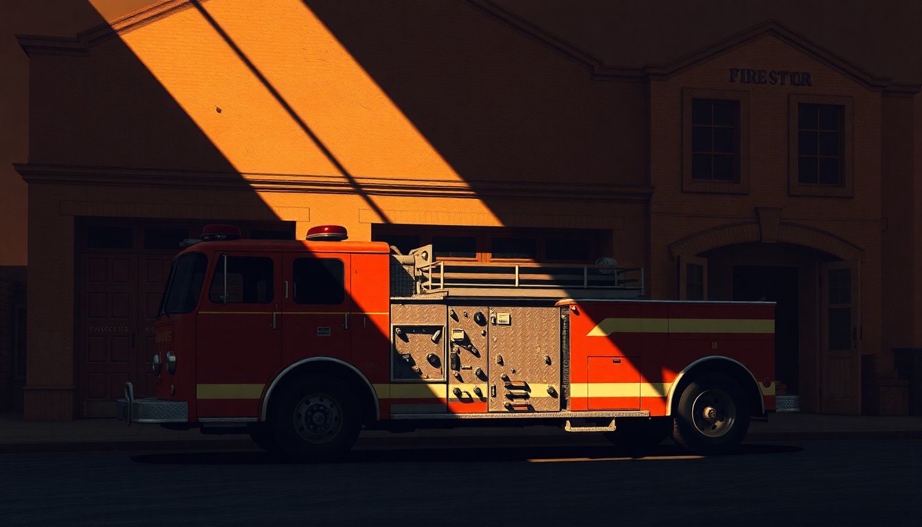 A cinematic painting of an old, weathered fire engine parked outside a rundown fire station, with warm sunlight and deep shadows creating a nostalgic, contemplative mood.