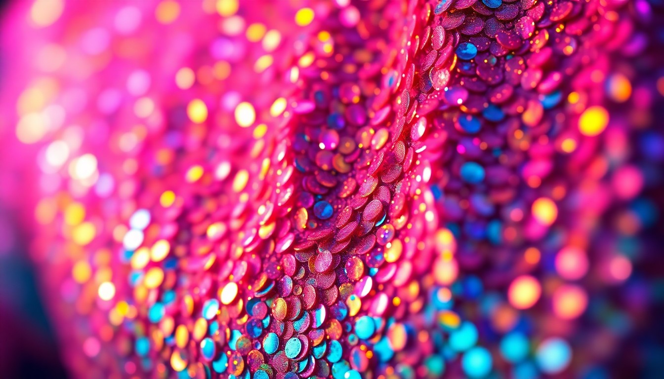 An extreme close-up photograph of glittering, shimmering sequins in a vibrant, high-contrast color palette, conceptually representing the glamour and energy of a music festival setting.