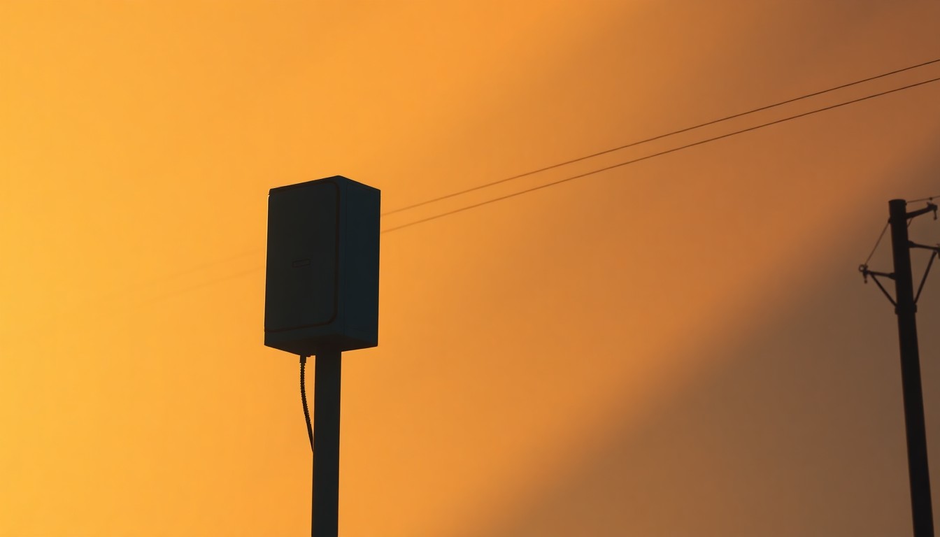 A photorealistic painting of a lone electric utility meter or power pole in soft, warm lighting, conveying a sense of quiet contemplation around energy policy decisions.