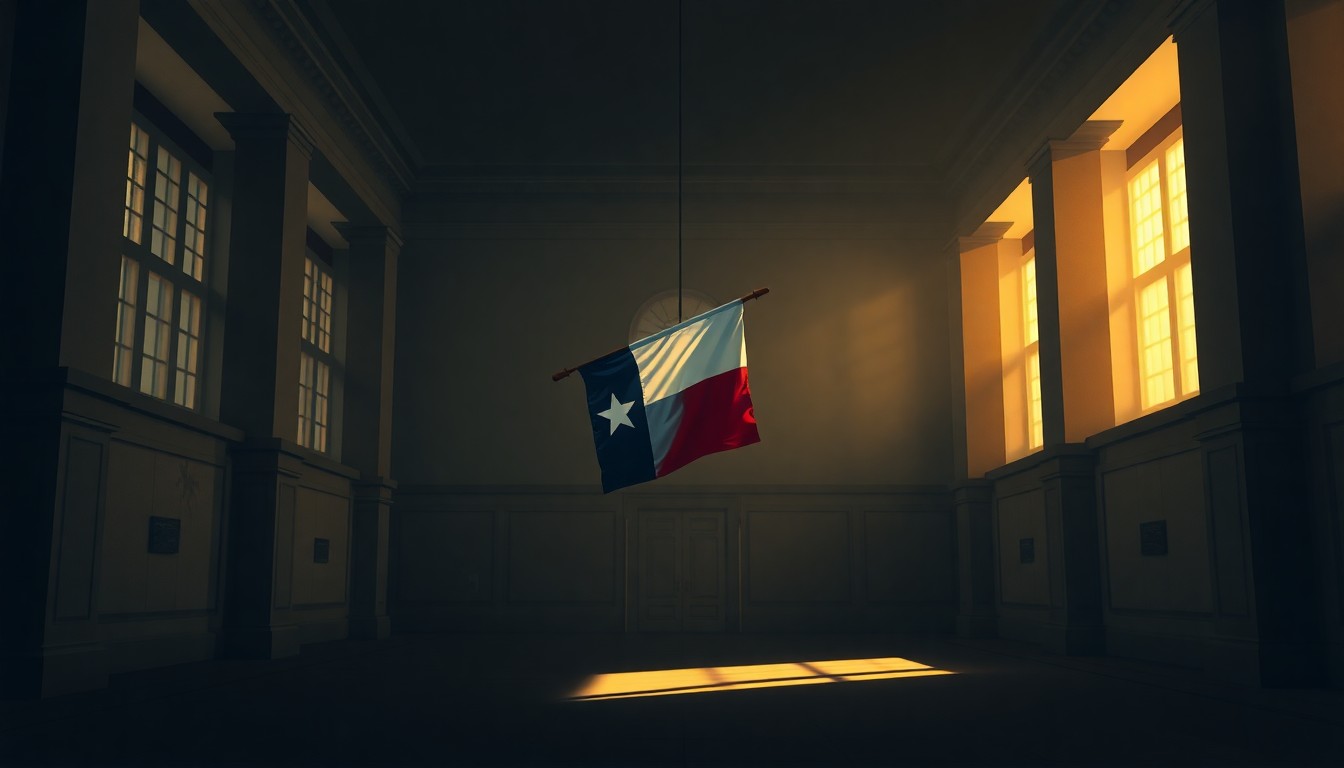 A serene, cinematic painting depicting a lone Texas state flag hanging in the warm, diagonal sunlight of an empty government building, conveying a sense of melancholy and political turmoil.