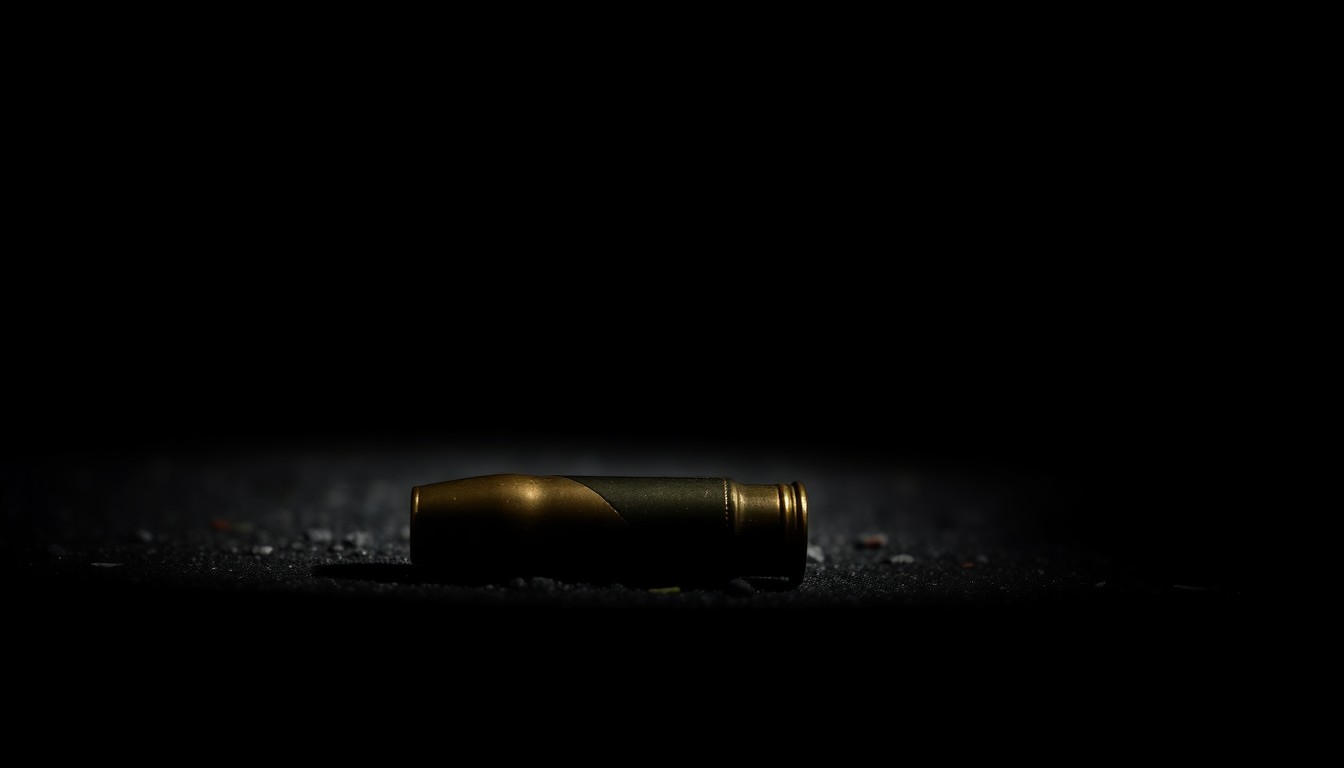 An extreme close-up photograph of a spent bullet casing on the ground, capturing the harsh, gritty details of the crime scene evidence.
